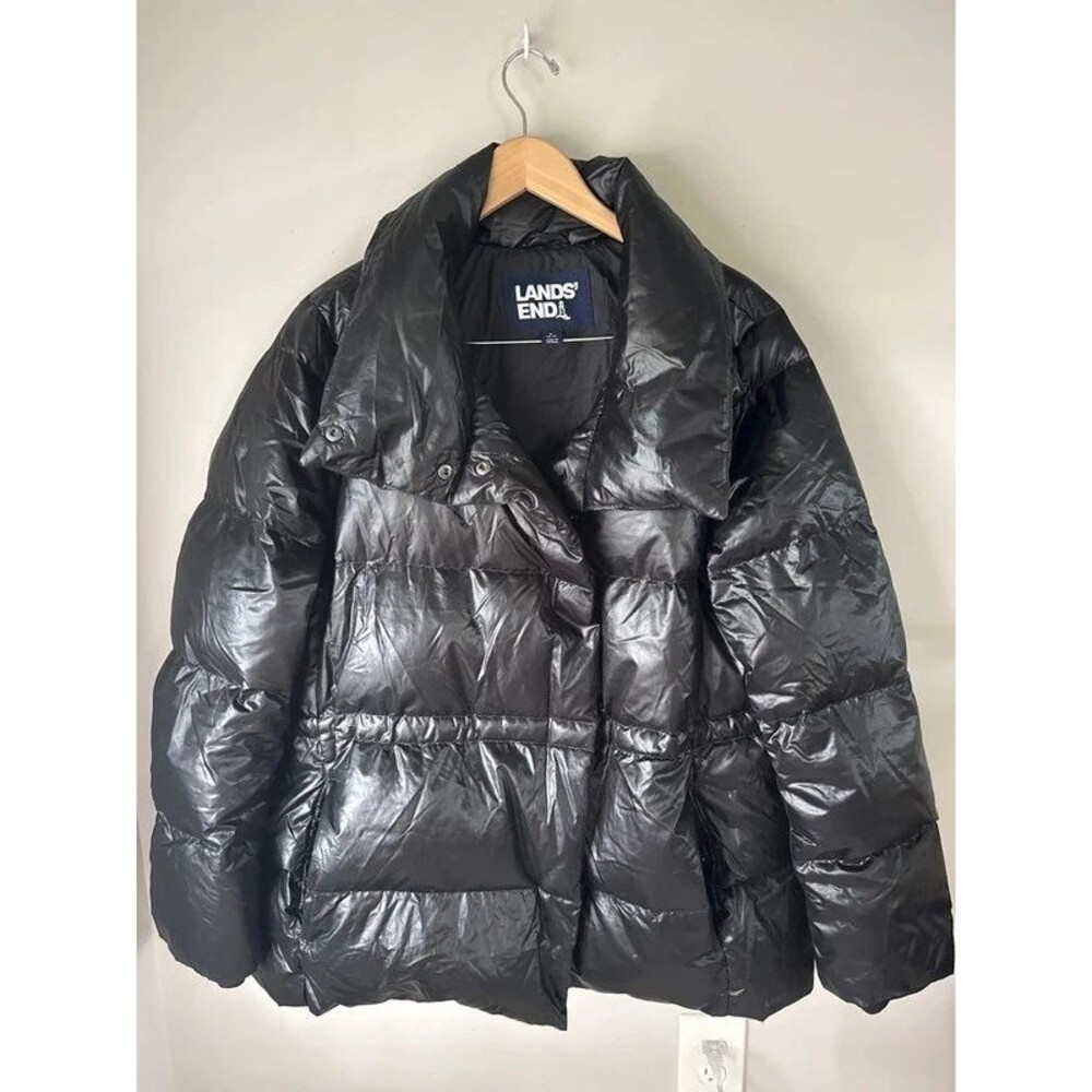 Lands’ End Black Shiny Power Down Puffer 600 Fill Jacket Adjustable Waist Large